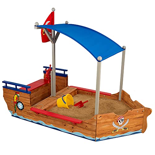 KidKraft Piratenschiff Sandkasten aus Holz mit Abdeckung, Sandkasten mit Dach, Outdoor Spiele für...