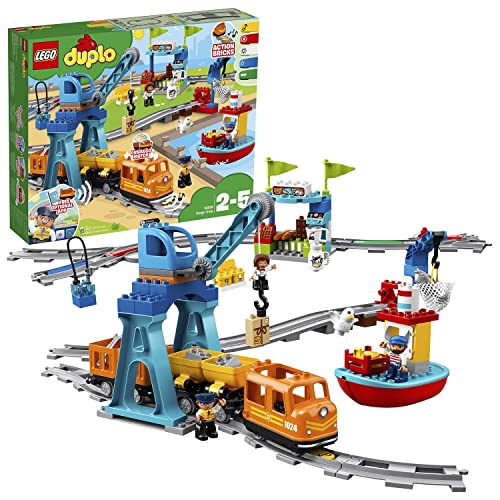 LEGO DUPLO Güterzug, „Push & Go“-Lok mit Lichtern und Geräuschen, Funktionssteinen und 2...