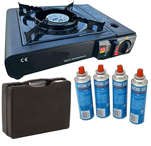 SENA Camping Gaskocher mit 4 Gaskartuschen Campingkocher 1-flammig max. Leistung 2,5 KW