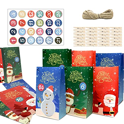 WEYON Adventskalender Zum Befüllen, 24 Kraftpapiertüten, 24 Holz Miniklammern und 10m Jute...