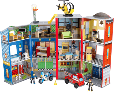 KidKraft Everyday Heroes Kinder-Spielset aus Holz mit Feuerwehrauto, Polizei, Hubschrauber und Spielfiguren - Puppenhaus ab 3 Jahren