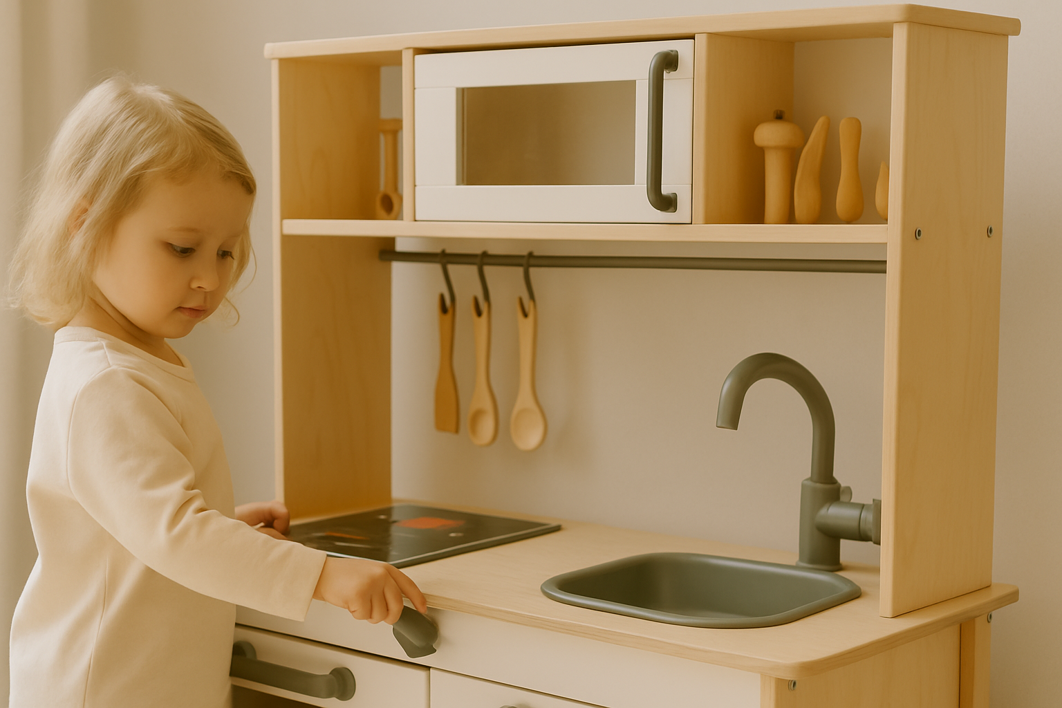 Mädchen spielt an einer Kinderküche aus Holz im Kinderzimmer